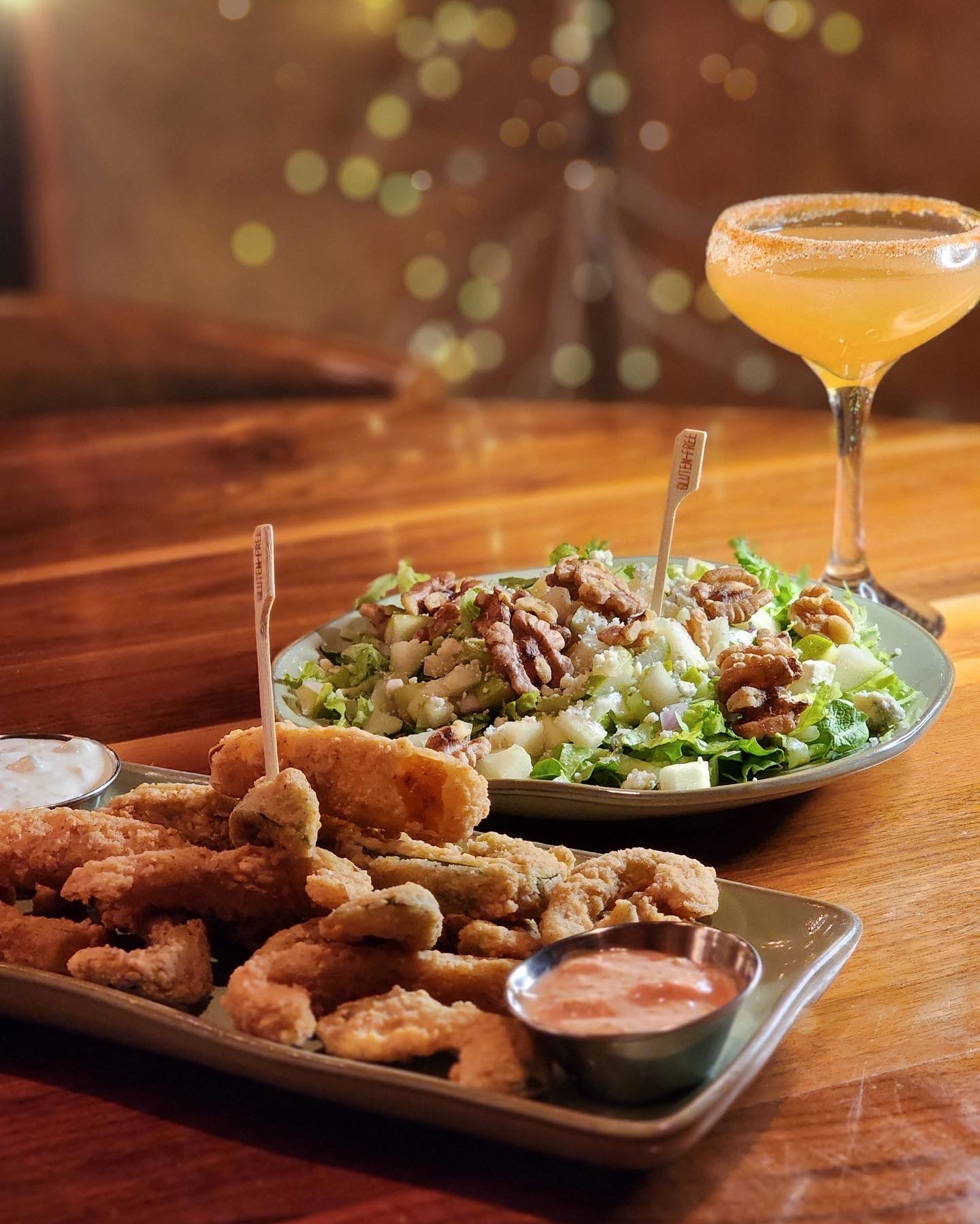 Main dish food and salad with gluten free marker